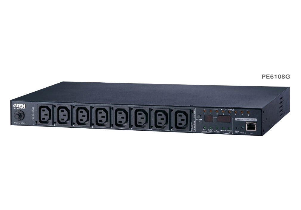 Aten 15A 10A 8-Outlet 1U Metered & Switched eco PDU, emote power outlet control (On, Off, Power Cycle) by individual