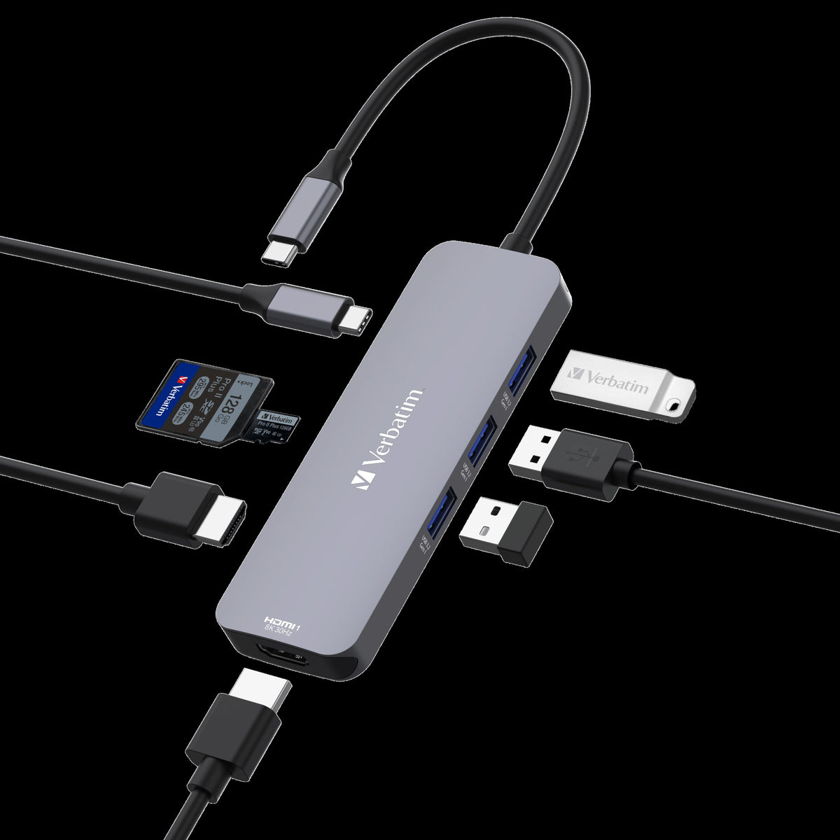 Verbatim USB-C Pro Multiport Hub 8 Ports, 2 x HDMI, 3 x USB-A 3.2 Gen1, 1 x SD card slot, 1 x microSD card slot, 1 x USB-C