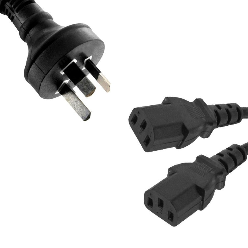 8ware 3m 10amp Y Split Power Cable with AU/NZ 3-pin Male Plug 2xIEC F C13 Socket & Cord for PC & Monitor to Wall Power Socket