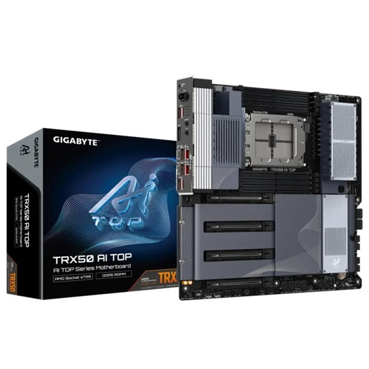 Gigabyte TTRX50 AI TOP AMD Ryzen Motherboard, sTR5 Threadripper, DDR5 ECC RDIMM up to 2TB, PCIe 5.0, USB4, Wi-Fi 7, Dual