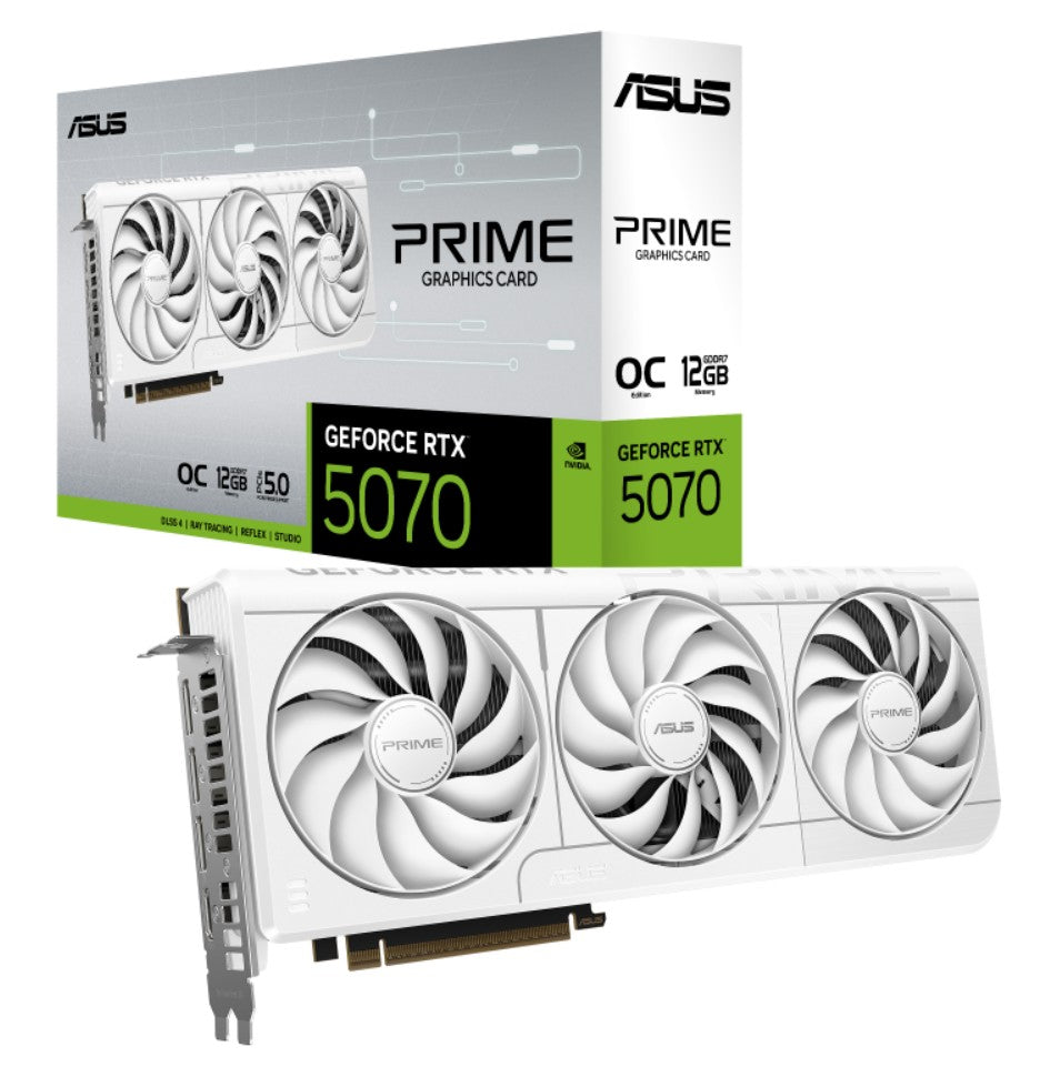 ASUS 12GB PRIME GeForce RTX 5070 12GB - White OC Edition, NVIDIA, GDDR7, 6144 CUDA Cores, 28Gbps, 192-bit, PCIe 5.0, HDMI