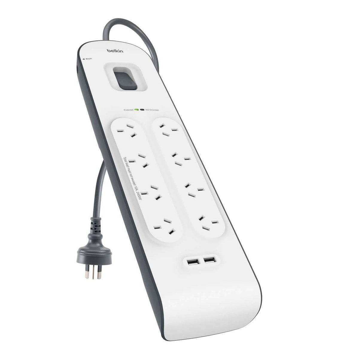 Belkin SurgePlus 8-Outlet 2-Meter Surge Protection Strip With Two (2.4) Amp USB Charging Ports - White (BSV804au2M), 2M Power Cord, 2 Years Warranty