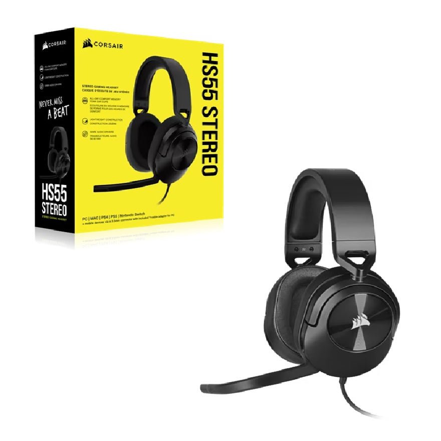 Corsair HS55 STEREO Wired Gaming Headset - Carbon, 50mm drivers, 20Hz–20kHz, wired 3.5mm stereo, multi-platform support (PC/PS/Xbox/Switch/mobile)