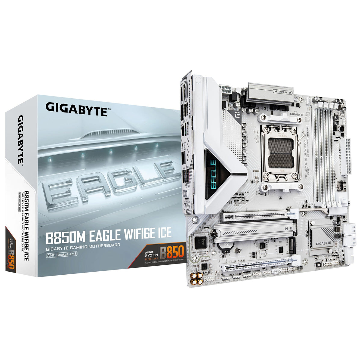 Gigabyte B850M EAGLE WF6E ICE, AMD AM5, 4 x DDR5 up to 256 GB, 1 x HDMI, 1 x PCI Express x16, 2 x M.2, 4 x SATA, 1x USB 3.2