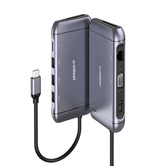 mbeat® Elite X9 9-in-1 Multifunction USB-C Docking Station 1x HDMI, 1x VGA 1x USB-C Power Delivery 100W, 3x USB 3.0, MicroSD/SD Card, 1x RJ45