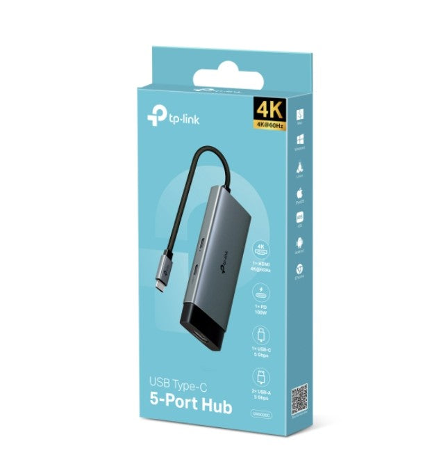 TP-LINK UH5020C UH5020C USB Type-C 5 in 1 Hub, 4K@60Hz HDMI, 100W Power Delivery, 1x USB-C Data Port, 2x USB-A Data Ports.
