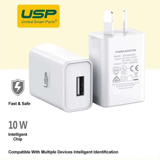 USP 10W USB-A Fast Wall Charger White - Intelligent Chip, Smart Charging, Output Voltage DC5V/3A, Output Current 2A max, 2 Years Warranty