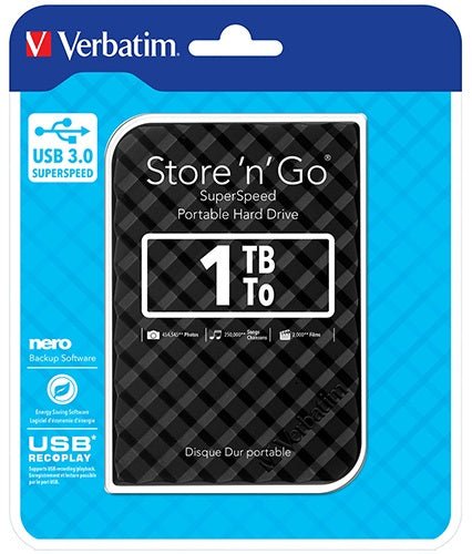 Verbatim 1TB 2.5' USB 3.0 Black Store'n'Go HDD Grid Design, Ultra Portable, High Speed & Capacity. Backup and Store + Nero Backup Software
